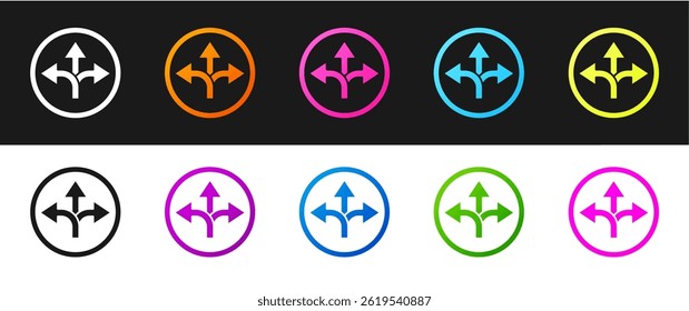 Set Road traffic sign. Signpost icon isolated on black and white background. Pointer symbol. Isolated street information sign. Direction sign.  Vector Illustration