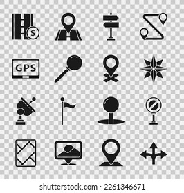 Set Road traffic sign, Stop, Wind rose, Push pin, Gps device with map, Toll road and Location icon. Vector