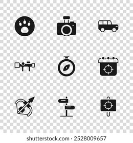 Fije la señal de tráfico del camino, el deporte de la diana, la brújula, el coche de Safari, la búsqueda de la pata, la cámara de la foto y el icono óptico de la vista del francotirador. Vector