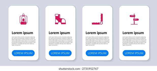 Definir sinal de trânsito rodoviário, caça de armadilhas, botas de caçador e lanterna de acampamento. Modelo de infográfico comercial. Vetor