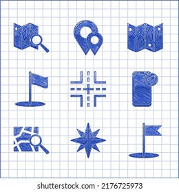 Set Road traffic sign, Wind rose, Flag, Infographic of city map navigation, Folded with location marker,  and  icon. Vector