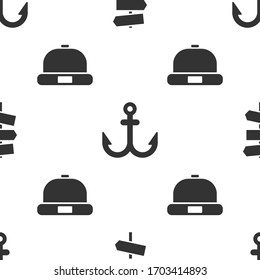Set Road traffic signpost, Anchor and Beanie hat on seamless pattern. Vector