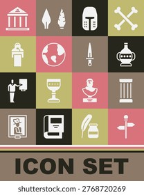 Set Road traffic signpost, Ancient column, amphorae, Medieval iron helmet, Earth globe, Gives lecture, Museum building and Dagger icon. Vector