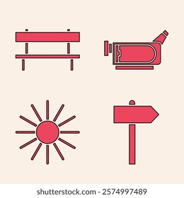 Set Road traffic signpost, Bench, Cinema camera and Sun icon. Vector