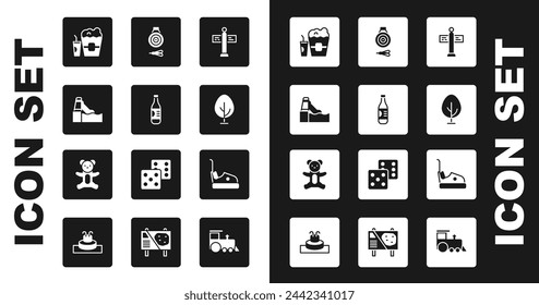 Set Road traffic signpost, Bottle of water, Water slide, Popcorn in box and glass, Tree, Classic dart board arrow, Bumper car and Teddy bear plush toy icon. Vector