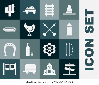 Set Road traffic signpost, Bow and arrow in quiver, Bullet, Railway, railroad track, Wild west saddle, Harmonica, Cactus and Crossed arrows icon. Vector