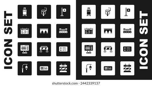 Set Road traffic signpost, Bridge for train, Train station board, Suitcase, Cargo wagon, Emergency brake,  and Ticket office to buy tickets icon. Vector