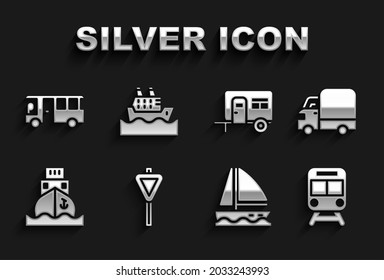Indicador de tráfico por carretera, camión de carga de entrega, tren y ferrocarril, velero de yates, barco de carga, remolque de camping Rv, icono de autobús y crucero. Vector