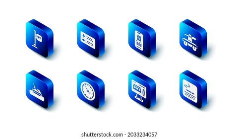 Straßenverkehrsschilder, E-Ticketzug, Draisine oder Handwagen, Raucherbereich, Ticketbüro zum Ticketkauf, Bahnhofsuhr, Plate mit Essen und Cafe Restaurant Symbol. Vektorgrafik