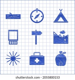 Set Road Traffic Signpost, First Aid Kit, Canteen Water Bottle, Mountains, Sun, Open Matchbox And Matches, Tourist Tent And Wooden Log Icon. Vector