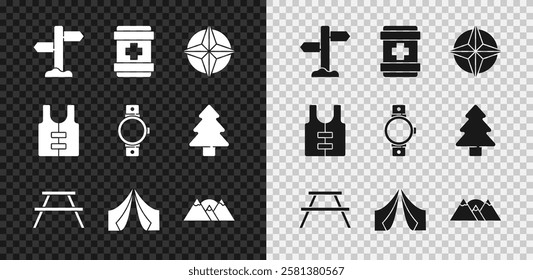 Set Road traffic signpost, First aid kit, Wind rose, Picnic table with benches, Tourist tent, Mountains, Life jacket and Smartwatch icon. Vector