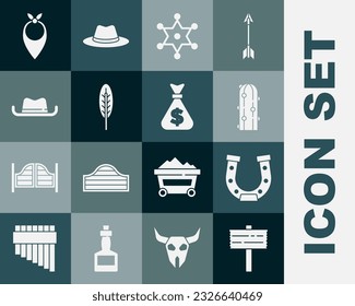 Set Road traffic signpost, Horseshoe, Cactus, Hexagram sheriff, Indian feather, Western cowboy hat, Cowboy bandana and Money bag icon. Vector