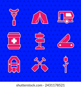 Set Road traffic signpost, Paddle, Marshmallow on stick, Swiss army knife, Rafting boat, First aid kit, Rv Camping trailer and Sausage the fork icon. Vector