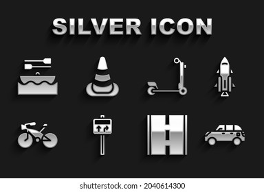 Set Road traffic signpost, Rocket ship with fire, Hatchback car, Bicycle, Scooter, Boat oars and Traffic cone icon. Vector