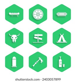 Set Road traffic signpost, Tomahawk axe, Whiskey bottle and glass, Indian teepee or wigwam, Bullet, Buffalo skull, Harmonica and Kayak canoe paddle icon. Vector