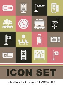 Set Road traffic signpost, Train ticket, Emergency brake, Railway barrier, station clock, Cargo train wagon, Electrical outlet and Coal icon. Vector