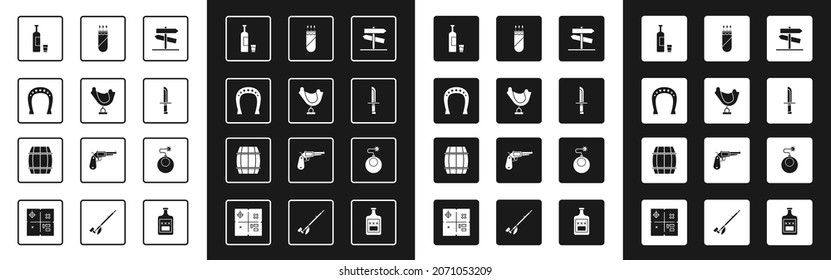 Set Road traffic signpost, Wild west saddle, Horseshoe, Whiskey bottle and glass, Military knife, Quiver with arrows, Bomb ready to explode and Wooden barrel icon. Vector