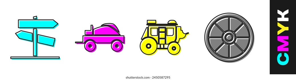 Set Road traffic signpost, Wild west covered wagon, Western stagecoach and Old wooden wheel icon. Vector svg