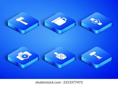 Set Road traffic signpost, Wooden axe, Canteen water bottle, Photo camera, Camping metal mug and Smart watch showing heart beat rate icon. Vector