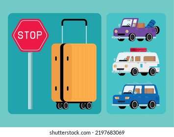 set of road trip, cars and baggage