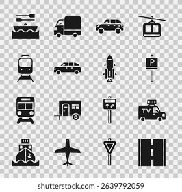 Set Road, TV News car, Parking, Hatchback, Train and railway, Boat with oars and Rocket ship fire icon. Vector