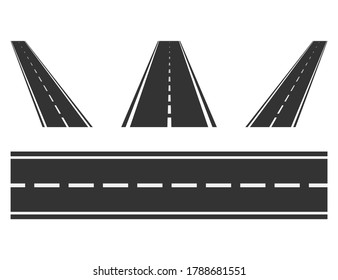 Set of road way from top view. Isolated asphalt highway. Straight and diagonal route perspective. Speedway in black color in flat design. Roadway sign for racing cars. Vector EPS 10