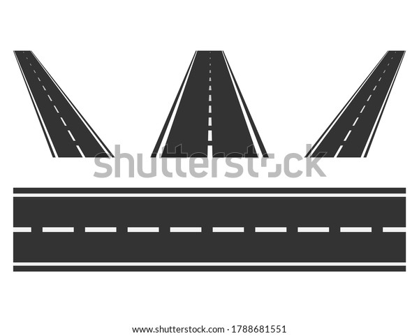 Set of road\
way from top view. Isolated asphalt highway. Straight and diagonal\
route perspective. Speedway in black color in flat design. Roadway\
sign for racing cars. Vector EPS\
10
