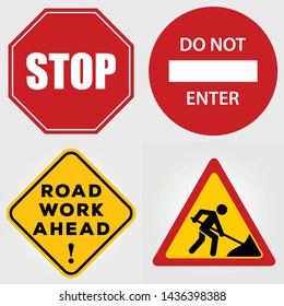 Set of Road Work Ahead Signs isolated on white background. Vector illustration.