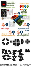 set of roadmap infographic elements with road and road markings, turns and intersections, road sign and  traffic lights