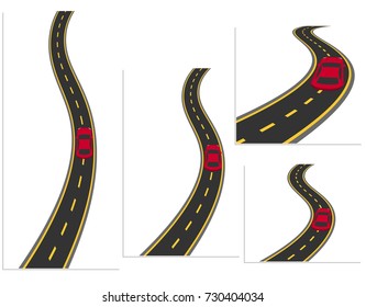 A set of roads with cars from different angles. Road, high-speed highway car. Material design. Vector illustration