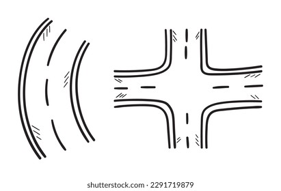 Conjunto de caminos en boceto líneas de boceto vista superior. Dibujo de estilo infantil. Ilustración vectorial dibujada a mano aislada en fondo blanco.