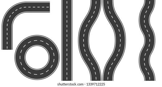 set of roads with markings, vector illustration options road curvature turn, detour, ring