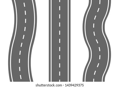  Set of roads and road bends. Winding curved road or highway with markings. Vector illustration.