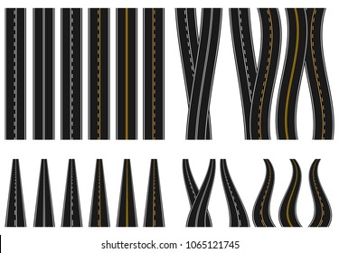 Set of roads with various white and yellow marks on a white background. View from above and in perspective. Markup adjusts the mode of overtaking. Vector illustration