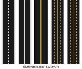 Set of roads with various white and yellow markings on a white background. Abstract. Vector illustration