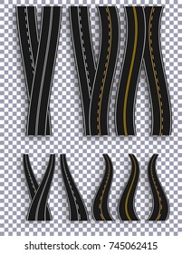 Set of roads with various white and yellow marks on a checkered background with a shadow. In perspective. Markup adjusts the mode of overtaking. Vector illustration