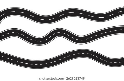 Set of roads vector icons. Seamless pattern empty asphalt road with turns in top view. Winding highway template. Flat vector illustration isolated on transparent background.