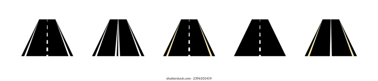 Satz von Straßen, Vektorsymbole. Schnellstraße. Straße mit Markierungen. Schwarzer Asphalt mit Streifen.