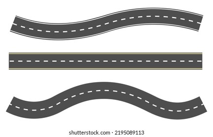 Set of roads vector icons. Straight and curved highway. Road with marking. Grey asphalt with strips.  Top view.