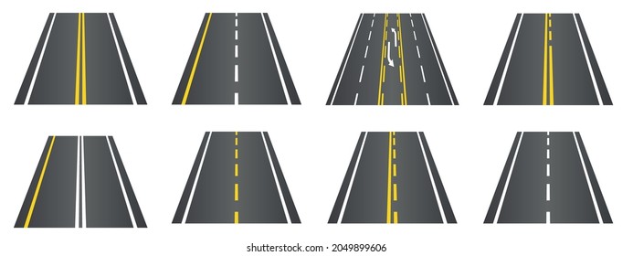 Set of roads with white and yellow markings in aerial perspective . Road location infographic template. Highway. Vector illustration isolated on white background.