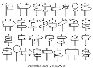 Conjunto de señales de carretera. Un gran conjunto de señales, señales o direcciones, un signo hecho a mano. Borde en estilo doodle. Ilustración vectorial.