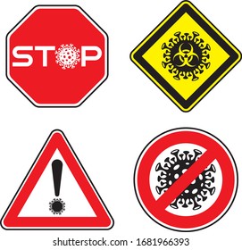 Set of roadsign with corona virus symbol. Stop Covid-19 concept vector illustration.