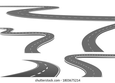 Set Roadway journey to the future. Asphalt street isolated on white background. Symbols Way to the goal of the end point. Path mean successful business planning Suitable for presentation.