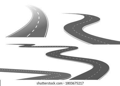 Set Roadway journey to the future. Asphalt street isolated on white background. Symbols Way to the goal of the end point. Path mean successful business planning Suitable for presentation.