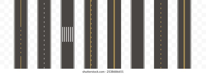 Conjunto de construcción de caminos. Colección de carreteras de asfalto. Calles rectas sin fisuras. Ilustración vectorial