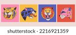 Set of roaring cats: 
panther, lion, cheetah, jaguar, leopard, tiger heads vector illustration on abstract background. Trendy design. Colorful hand drawn wild cats print for t shirt, poster, tattooing