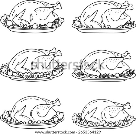 Set of roast turkey line art vectors on garnish plates. Ideal for food designs, festive menus, coloring pages, and culinary-themed illustrations.