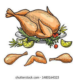 Set of Roast Turkey, New Year and Thanksgiving. The legs and wings of the turkey are fried. Fried chicken.