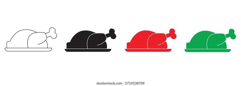 Set of roasted chicken, turkey, and festive holiday dinner icons in multiple styles. Perfect for culinary themes, meal preparation, and delicious family feast illustrations on a platter.