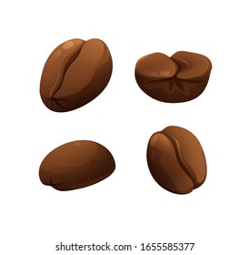 Set of roasted coffee beans in cartoon style, different rotation. Vector illustration isolated on white